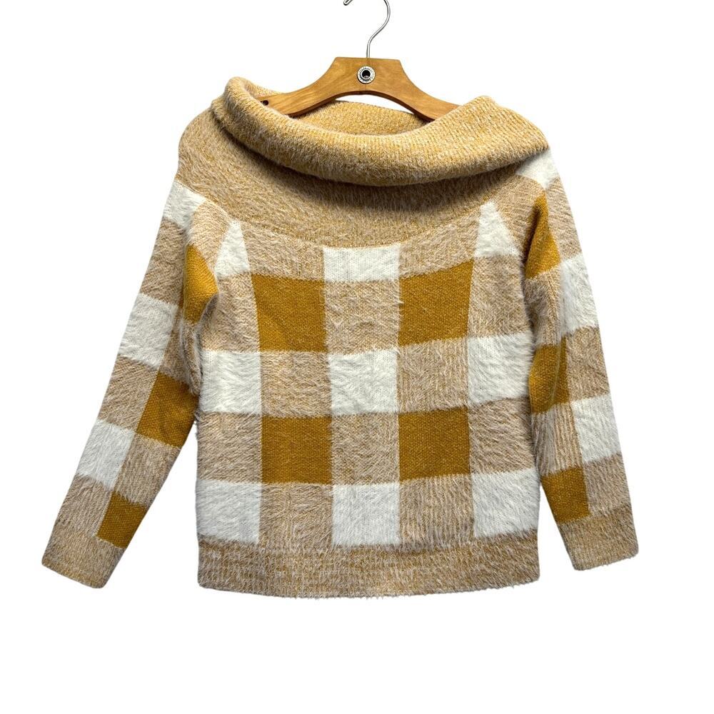 KUT from the Kloth Mustard Yellow Buffalo Plaid Fuzzy‎ Cowl Neck Sweater Small
